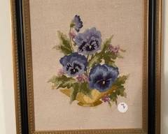 Framed needlework, pansies