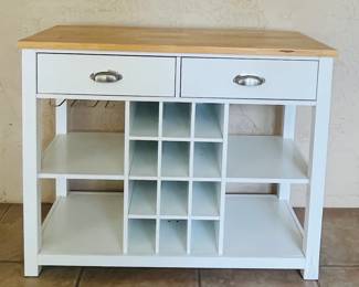 Island butcher block top with drawers, shelves and bottle racks