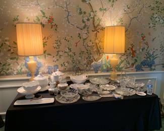 Crystal serveware, porcelain soup tourines, marble lamps 