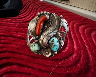 Native American turquoise, coral, and sterling cuff bracelet 