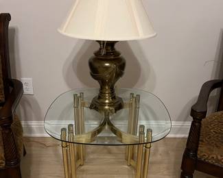 Gold/Glass side table with vintage Brass Lamp