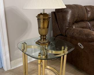 Gold/Glass Side table with vintage Brass Lamp