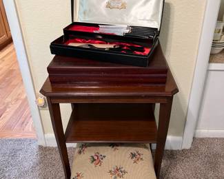 needlepoint footstool, cherry table and vtg flatware & carving knives.