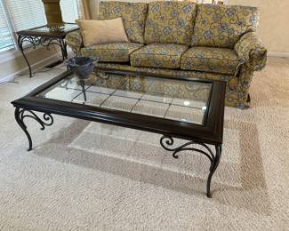 Coffee table glass, floral couch