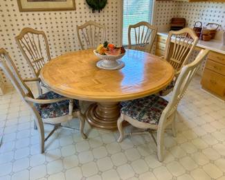 Large solid wood dining table and chairs, round pedestal base