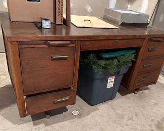 Vintage solid wood large desk from Ford offices, mid century style