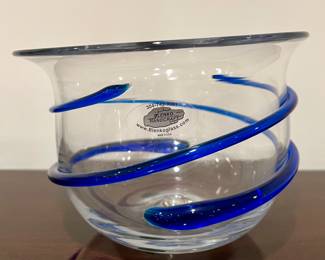 Blenko Glass Bowl with Applied Cobalt Blue Swirl