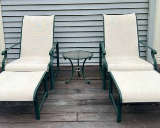 (2) Brown Jordan Adjustable Armchairs & Ottomans & Brown Jordan Side Table