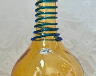  Blenko Myers Vase Amber with Cobalt Blue Spiral