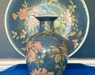 Decorative Vintage Hand Painted Pink Peony Multi-Flower Vase and Matching Plate