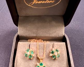 14K Emerald & Diamond Necklace & Earrings