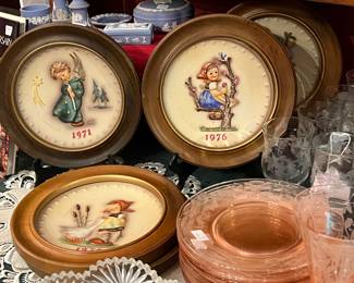 VINTAGE HUMMEL PLATES, CRYSTAL STEMWARE AND NEEDLE ETCHED PINK DEPRESSION GLASS