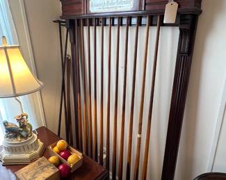 WONDERFUL EARLY BRUNSWICK ANTIQUE POOL CUE RACK WITH POOL CUES AND ACCESSORIES. THEY DON'T COME ALONG THIS NICE VERY OFTEN!