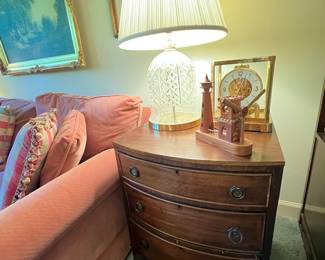 Pair of three drawer chests and crystal lamps