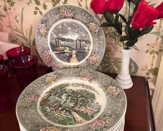 Set of 12 desirable courier and Ives Adams, China dinner plates