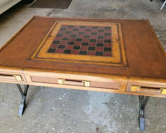 Maitland Smith Furniture leather on wood with iron legs cocktail table with flip top game board 