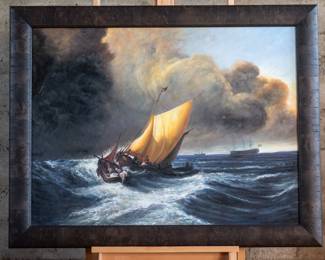 A professional oil paint reproduction of "Dutch Boats in a Gale" by J.M.W. Turner. This piece comes with a Certificate of Authenticity from 1st Art Gallery certifying the piece as a fine art reproduction. The original piece by J.M.W. Turner was commissioned in 1801 by the 3rd Duke of Bridgewater as a companion piece to a 17th-century Dutch seascape in his possession.
