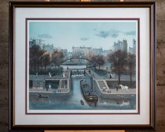 "Canal St. Martin en Automne" a signed and numbered lithograph by listed artist Michel Delacroix of France. Numbered 113/200. Delacroix (1933-) is a French painter in the "Naif" style and is well known for his cityscape paintings, particularly of German-occupied Paris and historical scenes.
