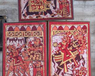A set of three Rajasthani Par Paintings (Paintings on Cloth). Pabhuji-ki-par scenes depiciting the life of Prince Pabuji Rathor. Two vertical scenes and a horizontal scene, all in wood frames.
