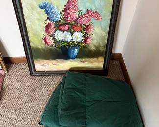 Floral Painting and Green Blanket