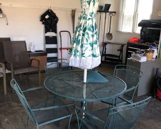 Metal patio table with umbrella & 4 chairs