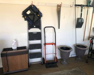 Step ladder, two wheel cart, outdoor planters