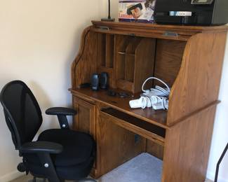 oak roll top desk, office chair