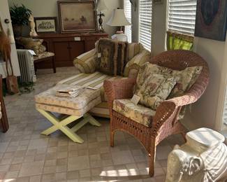 Lounge chair, wicker chair, pictures, executive desk