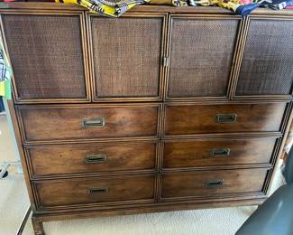 1970’s Henredon Campaign Style Gentlemens Tall Chest, has  matching headboard , side tables, long dresser.. 