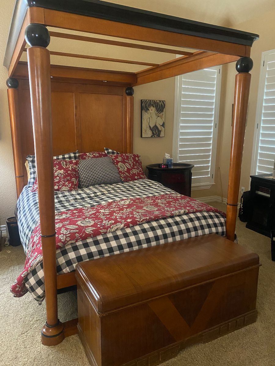 National Mt. Queen Size Biedermeier Art Deco Maple Burl Canopy Poster Bed (Cedar Chest Not Available)