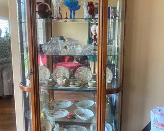 Vintage Oak Curio Cabinet with Curved Glass, filled with treasures Royal Winton Grimwade's Chintz! 