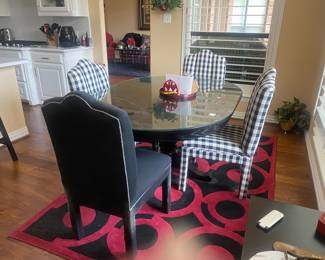 Create & Barrel Glass top kitchenette, custom covered chairs, area rugs