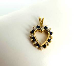 14K Gold Diamond and Sapphire Heart Pendant