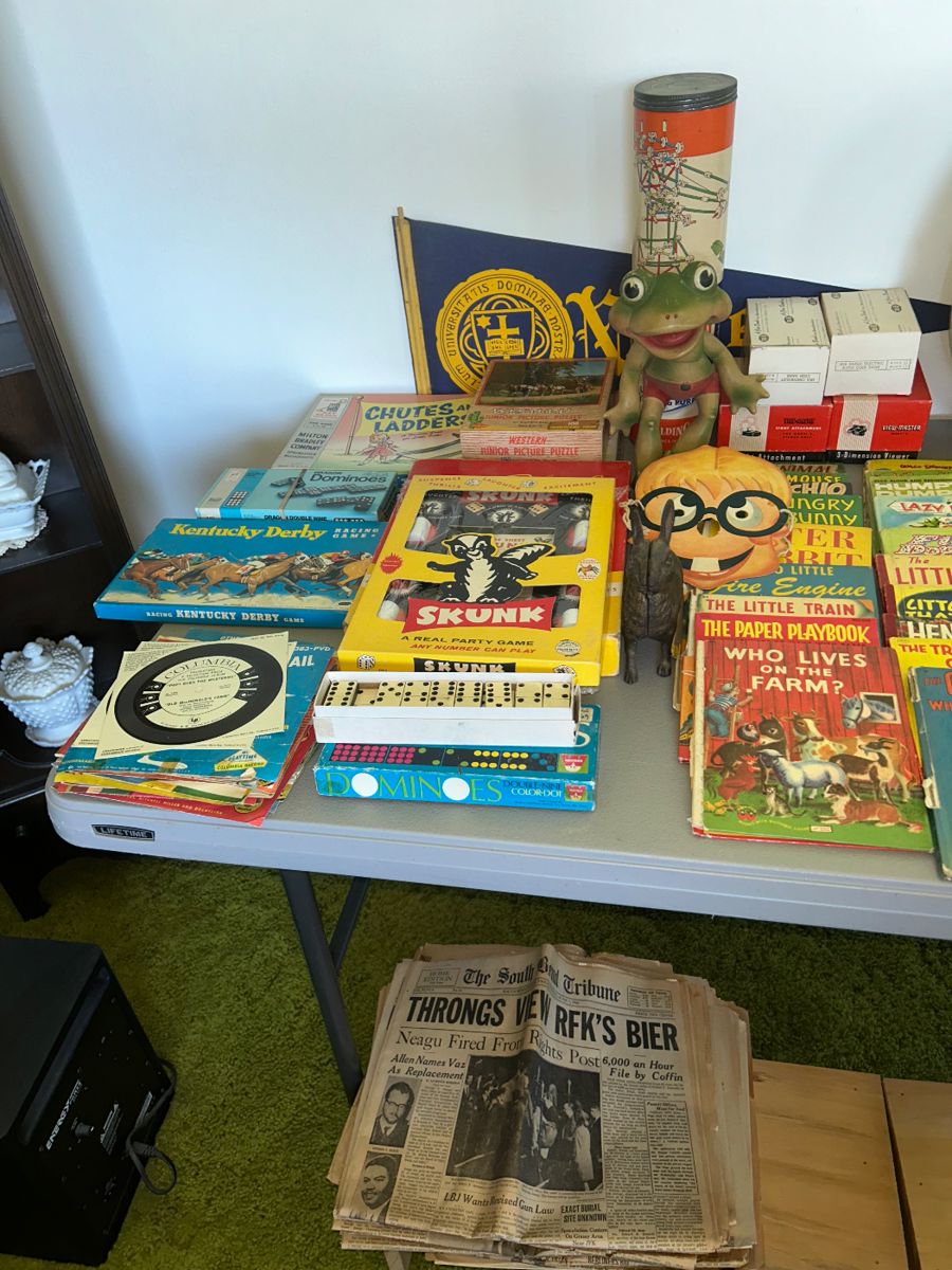 Vintage children’s books, board games. Vintage ND wall pennant. 