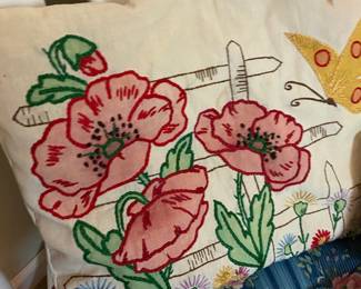 Embroidered Throw Pillow with Floral Garden Design