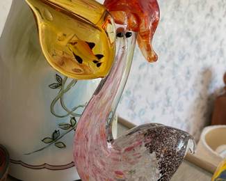 Blown Art Glass Bird Pelican Figure & Fish 