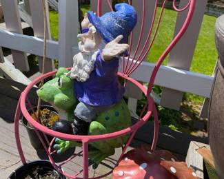 Red Painted Wrought Iron Chair/Plant Stand,  Gnome Riding a Frog Outdoor Statue