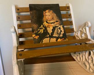 Wood Slat & White Cast Iron Children's Rocking Chair