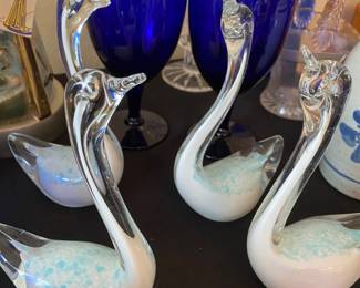 Set of 4 Blown Glass Swan Figurines
