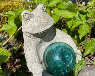 Concrted Frog Statue, Large Aqua Glass Float