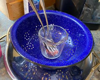 Blue & White Speckled Enamel Colander
