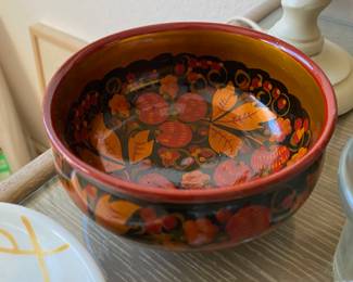 Russian Khokhloma Folk Art Painted Wood Bowl