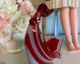 Murano Red/White Glass Rooster Candy Dish