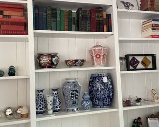 Vintage Books, Asian pottery, Signed Heart paperweights