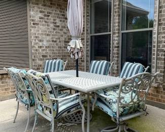 This item is up for Pre Sale due to the possibility of rain over the weekend. Patio Set includes Table, 6 Chairs and Cushions and umbrella.