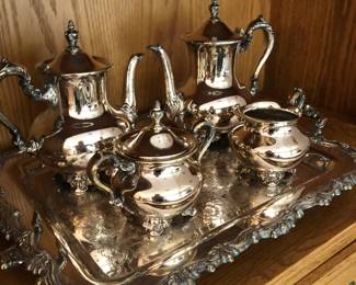 silver on copper tray and coffee set