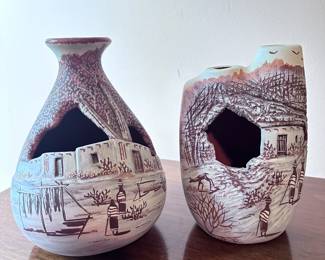 Linn Panter Native American Style Scenic Carved Canteen Pottery Vases