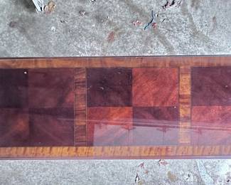 Vintage sofa table. Parquet top with glass topper