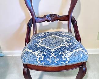 Vintage dark wood/blue tone upholstered occasional chair