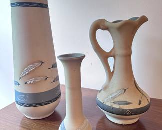 Vintage Pueblo Native American Pottery signed Grey Feather Vases '96